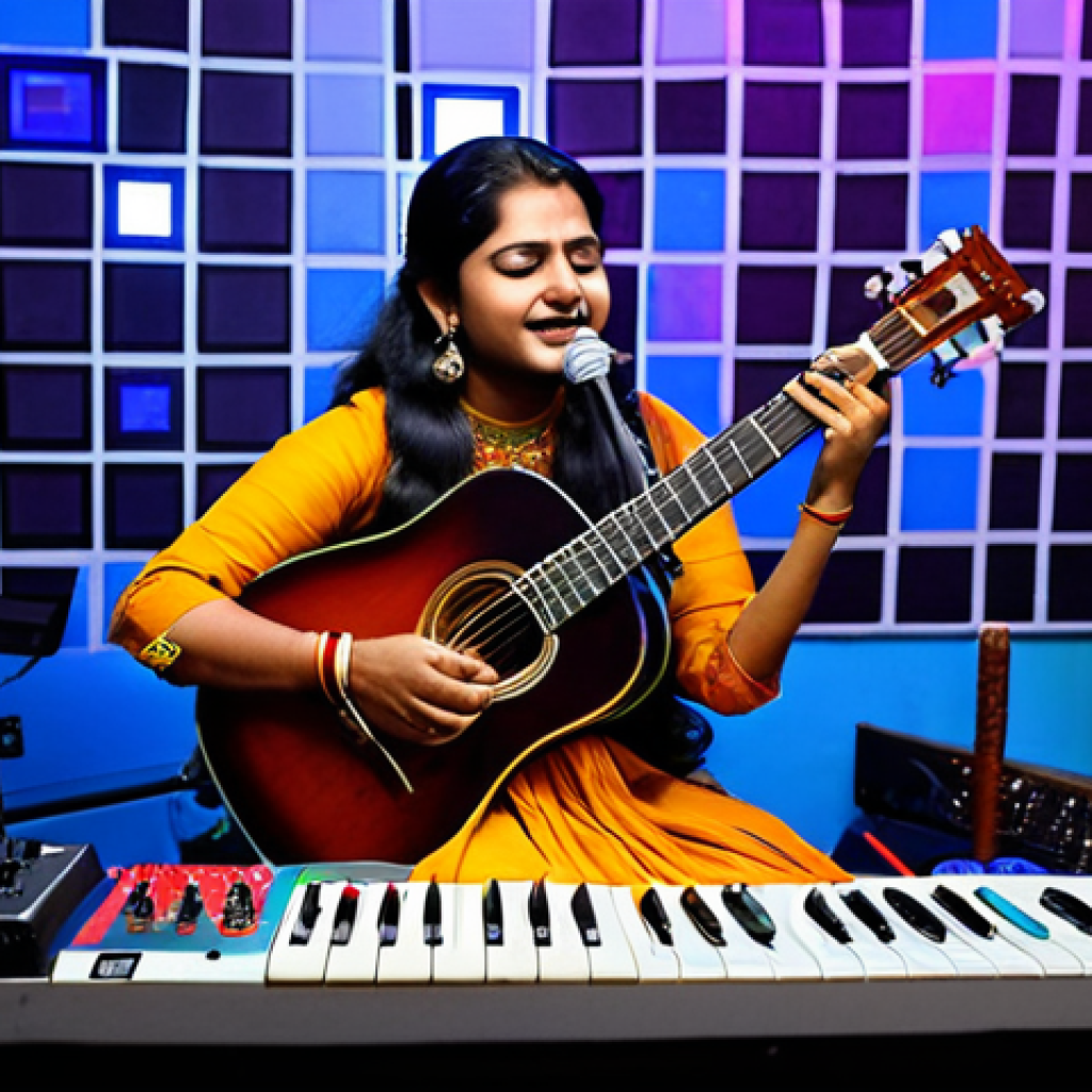 Fusion of Hindi and Folk Music**
"A modern music studio with a female singer fully clothed in a modest, stylish outfit singing into a microphone, blending Hindi and folk musical elements, with traditional Indian instruments like a sitar and tabla alongside modern synthesizers and a mixing board, vibrant colors, professional lighting, appropriate attire, safe for work, perfect anatomy, natural proportions, high quality, family-friendly."
**