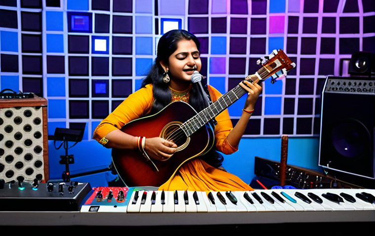 Fusion of Hindi and Folk Music**
"A modern music studio with a female singer fully clothed in a modest, stylish outfit singing into a microphone, blending Hindi and folk musical elements, with traditional Indian instruments like a sitar and tabla alongside modern synthesizers and a mixing board, vibrant colors, professional lighting, appropriate attire, safe for work, perfect anatomy, natural proportions, high quality, family-friendly."
**