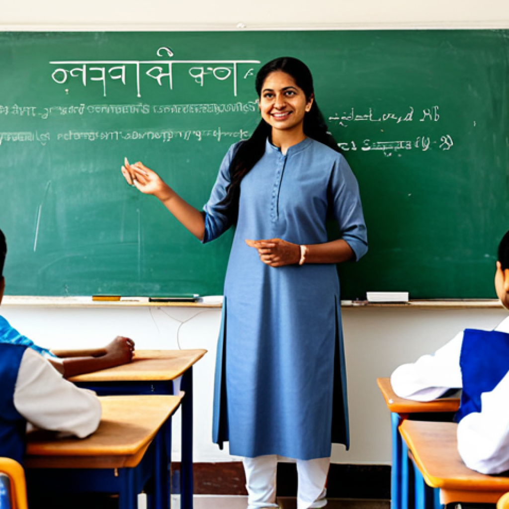 Classroom Scene**
"A friendly Hindi language teacher, fully clothed in modest attire, instructing a diverse group of students in a bright and welcoming classroom, whiteboard with Devanagari script in the background, perfect anatomy, correct proportions, safe for work, appropriate content, professional, family-friendly."
**
