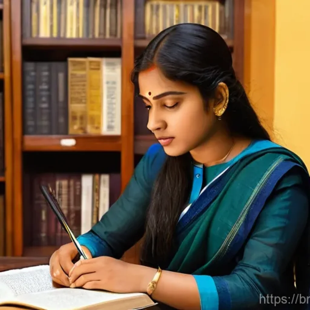 힌디어 문장부호 사용 - **Prompt:** "A curious young woman, in her early twenties and dressed in smart casual attire, is sea...