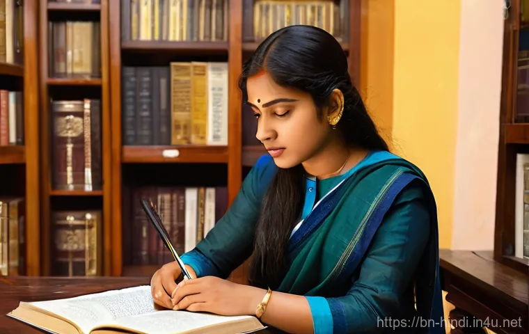 힌디어 문장부호 사용 - **Prompt:** "A curious young woman, in her early twenties and dressed in smart casual attire, is sea...