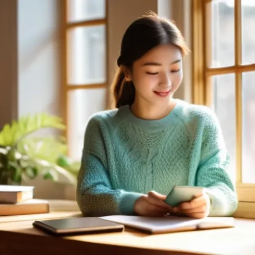 Home 31 힌디어와 한국어 비교 - **Prompt 1: "A bright and airy study room where a young woman is engrossed in learning a new languag...